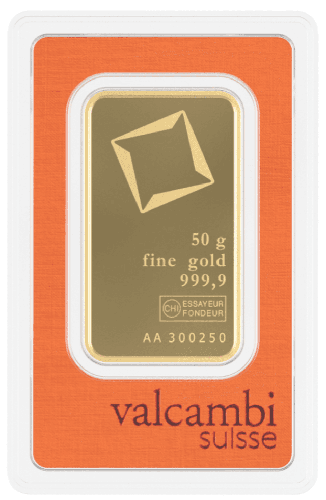 Valcambi 50g Gold Bar – 24K | 999.9 Purity